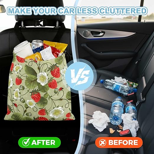 Strawberries and Leaves Car Trash Bag - Waterproof Car Trash Bag Hanging Leakproof Car Garbage Bag - Washable Reusable Trash Bag For Car Interior Hanging Organizer Storage Vehicle Travelling Camping