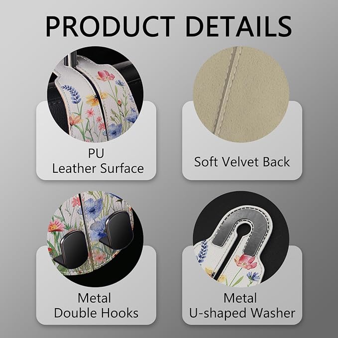 Blusabaca 2PCS Car Seat Back Storage Headrest Hooks, Floral Flowers Purse Holder Bags Hanger, PU Leather Double Metal Hook for Backseat Organizer, Women Car Accessories Organization