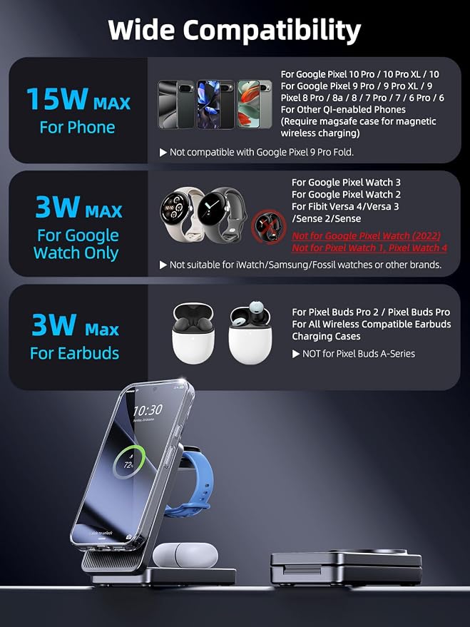 Wireless Charger for Google, 3 in 1 Wireless Charging Station for Pixel Watch 3/2 Charger, Fast Charger Stand for Fitbit Versa 4/3/Sense 2, Google Pixel 10/10a/9/Pro/8(Not for Pixel Watch 4/1)