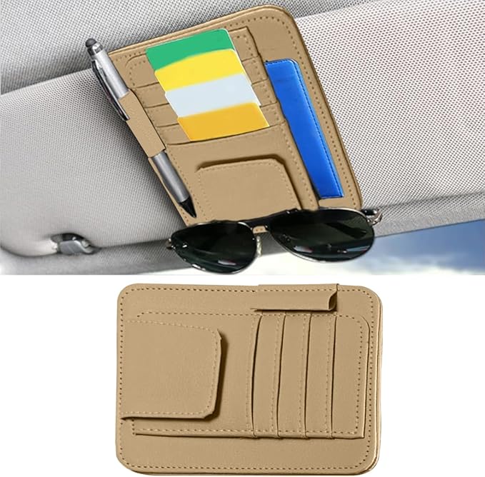 Leather Car Sun Visor Organizer Clip, Universal Car Truck Visor Document Holder with Sunglasses Clip, Auto Visor Pocket Storage for Bill Card Registration/Driving License Pen (Beige)