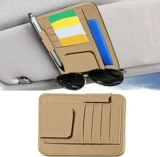 Leather Car Sun Visor Organizer Clip, Universal Car Truck Visor Document Holder with Sunglasses Clip, Auto Visor Pocket Storage for Bill Card Registration/Driving License Pen (Beige)
