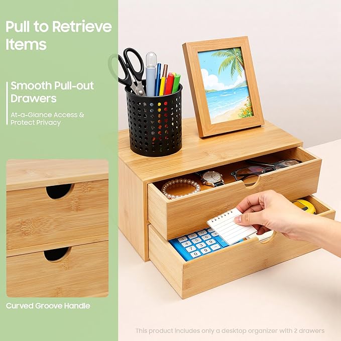 Bamboo Desk Organizer 2 Drawers Tabletop Storage Organization Box, No Assembly Needed for Home Office Storage, 12.99 * 7.48 * 6.3in (1 above & 1 below)
