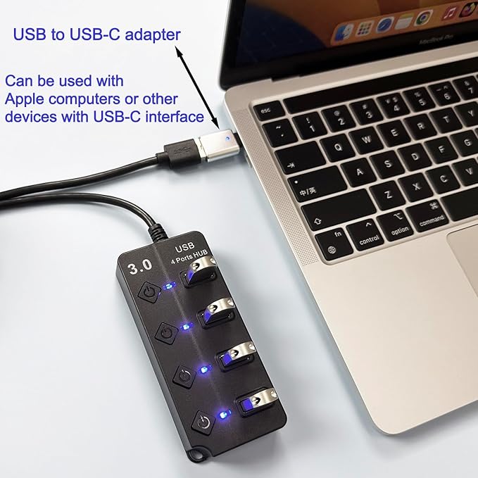 USB Hub - 3.0, 4-Port USB Station Hub with Individual Switches - Expander Hub for Laptop/MacBook, Flash Drives, Mobile HDD, Printer