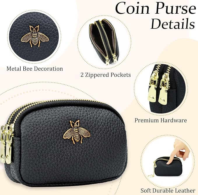 WOZEAH Leather Coin Purse for Women Small 2 Zipper Change Wallet with Key Ring Card Key Coin Cash Holder Pouch(Black)