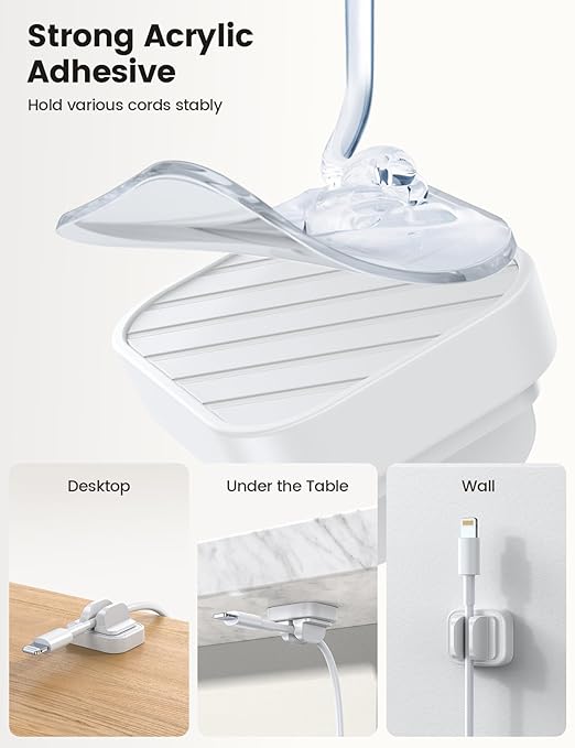 10Pack Cable Spring Holder Clips, Cord Organizer for Desk - Lamicall Adjustable Cord Clip, Wire Holder Organizer, Phone USB Charger Cable Holder, White