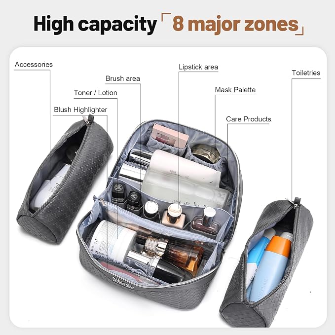 BOYATU Travel Makeup Bag Cosmetic Bags for Women: Large Capacity 3 Pcs Set Make up Bag with Compartments - Waterproof Vegan Leather Toiletry Organizer Bags with Handle (L07Grey)