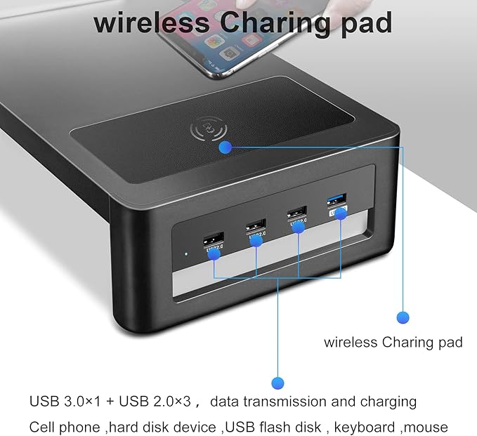 EAXBUX Dual Monitor Stand with Wireless Charging and 4 USB 3.0 Ports, Steel Monitor Stands for 2 Monitors, Metal Computer Stand Riser for Desk, Office, Laptop, PC up to 32 Inches (Black)