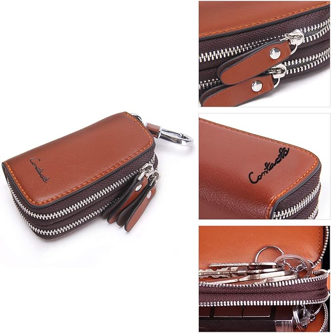 CONTACTS Car Key Case Small Leather Double Zipper Key Holder with 4 Keyrings Keys Organizer for Men Women