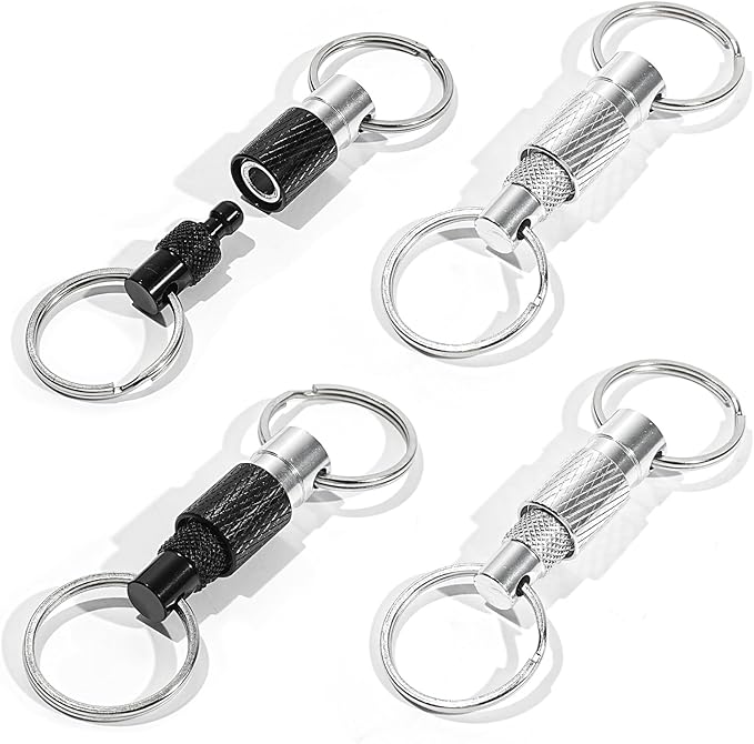 4 Pcs Quick Release Keychain Set – 2 Black & 2 Silver Detachable Pull Apart Key Rings for Keys, Bags, and Heavy Duty Everyday Carry
