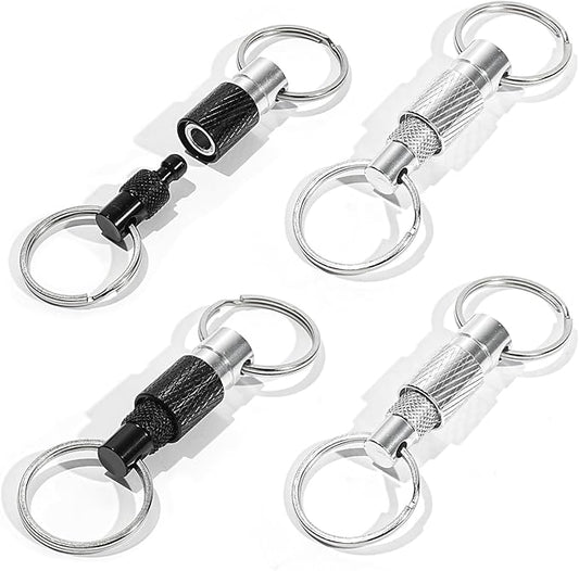 4 Pcs Quick Release Keychain Set – 2 Black & 2 Silver Detachable Pull Apart Key Rings for Keys, Bags, and Heavy Duty Everyday Carry