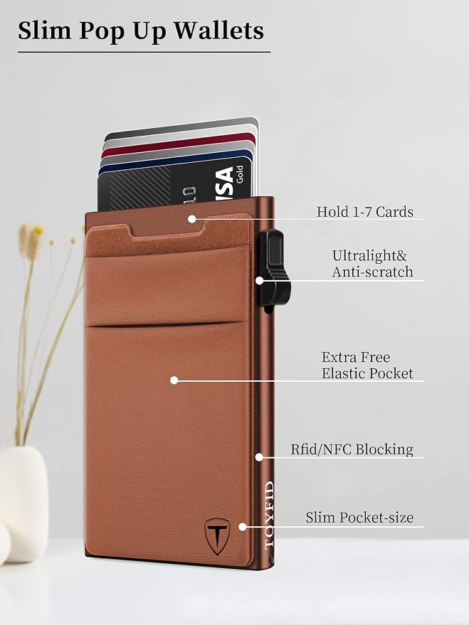 TOYFID Pop Up Credit Card Wallet for Men - Metal Slim Minimalist Cards Holder with Money Pocket - RFID Blocking Ultralight Small Aluminum Wallet