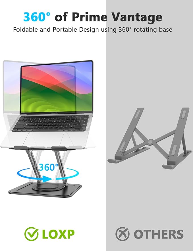 LOXP Adjustable Laptop Stand, Computer Stand with 360 Rotating Base, Ergonomic Laptop Riser Mount for Desk Foldable Protable Computer Desk Fits with MacBook Pro Air (10-16") - Black