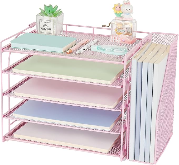 AUPSEN Pink Desk Organizers and Accessories, 5-Tier Desktop Paper File Organizer with Removable File Holder, Desk Accessories & Workspace Organization for Home Office Supplies (Pink)
