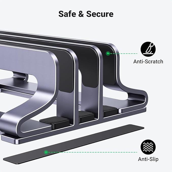 UGREEN 3-Slot Vertical Laptop Stand Holder Desk Compatible with MacBook Pro Air Laptop Stand Desktop Adjustable, Lenovo Ideapad, Surface Book, HP Notebook, Dell Chromebook Up to 17.3 Inch, Space Gray
