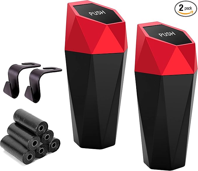 Ginsco Car Trash Can Cup Holder, 2 Pack Mini Car Trash Can with Lid, Car Accessories for Interior, Leakproof Small Trash Cup for Car, Home with Additional 2 ABS Hooks and 90pcs Trash Bags Red