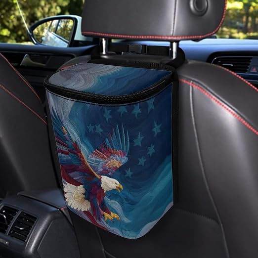 Talayituse Eagle American Flag Print Car Trash Bin, Large Size Auto Trash Can Adjustable Portable Garbage Can with Lid, Vehicle Hanging Bag for Headrest Front Back Seat 4th of July Decor
