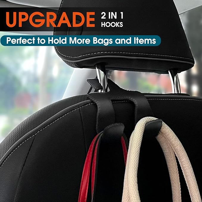 Car Headrest Hooks for Purses and Bags, Upgraded 2 in 1 Cars Back Seat Head Rest Hanger Vehicle Leather Organizer Storage Holder Hook Matching Cars Interior, 2-Pack, Beige