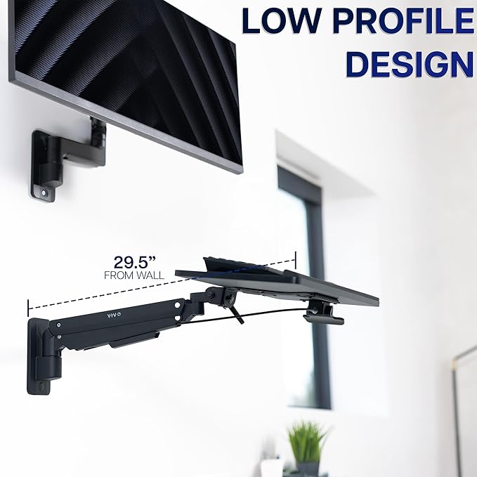 VIVO Sit-Stand 24 Inch Pneumatic Spring Keyboard and Mouse Tray Wall Mount, Counterbalance Height Adjustable Typing Platform, Ergonomic Tilt, Black, MOUNT-KB26C