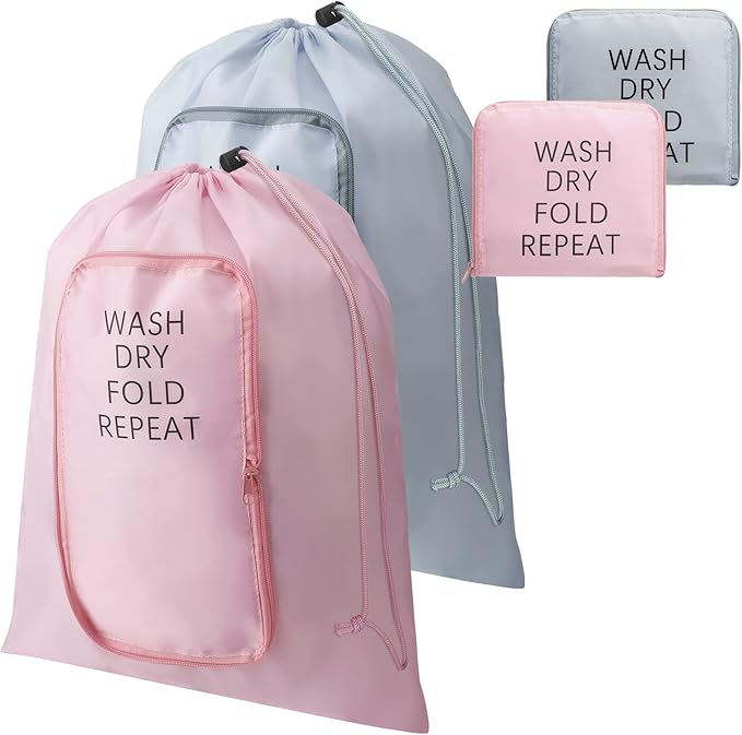 2 Pcs Travel Laundry Bag Washable Dirty Clothes Bag with Drawstring and Zipper for Suitcase, 22 x 18 Inch (Pink, Gray,Classic)