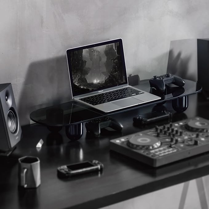 Fenge Monitor Riser, 34 Inch Dual Monitor Stand for Large Monitors, Desk Organizer with Glass Shelf & Solid Wood Legs, Computer Stand for Laptop, TV, PC, Printer, Black