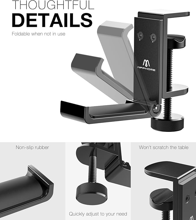 2 Pack Foldable Headphone Stand Hanger Holder, Aluminum Under Desk Clamp Hook Mount, Space-Saving Soundbar Stand with Universal Fit for Gaming PC Accessories