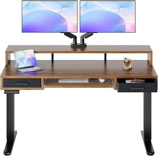 HUANUO 55″ x 26″ Electric Standing Desk with 2 Drawers &24.4″ Large Keyboard Tray, C-Clamp Mount Compatible, Adjustable Computer Desk for Office, Sit Stand Up Desk with 4 Height Presets, Deep Walnut