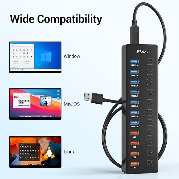 JESWO 11-Port USB 3.0 Splitter (7 Data Transfer Ports + 4 Smart Charging Ports), Powered USB Hub with Individual LED On/Off Switches and 12V/3A Power Adapter