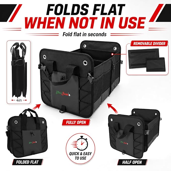 PAT SAM'S Car Trunk Organizer for SUV, Waterproof Collapsible Storage with Removable Dividers, Anti-Slip Bottom, Tie-Down Straps & Anchor Rings, Foldable Trunk Organizer for Grocery Tools Travel