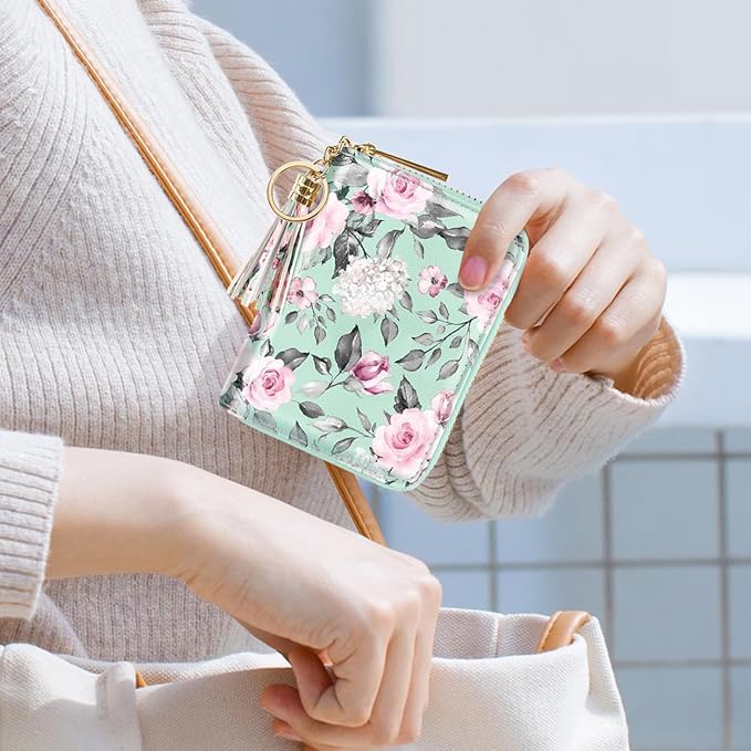 Coco Rossi Leather Credit Card Wallet for Women, RFID Blocking Zipper Cards Holder with Tassels, Green Flowers