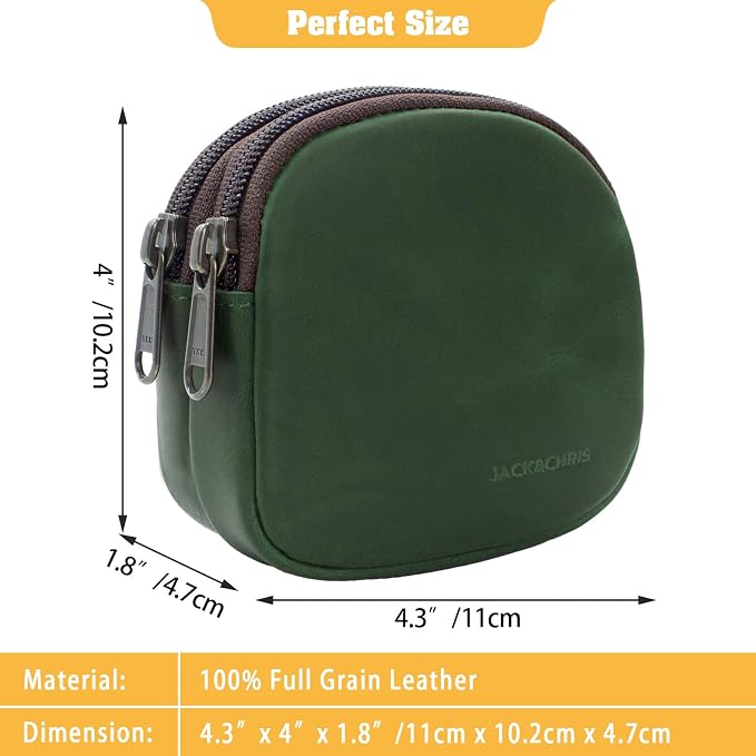 Jack&Chris Coin Purse for Men, Genuine Leather Mini Coin Wallet Zipper Pocket with Back Belt Loop, Coin Bag for Men, Green
