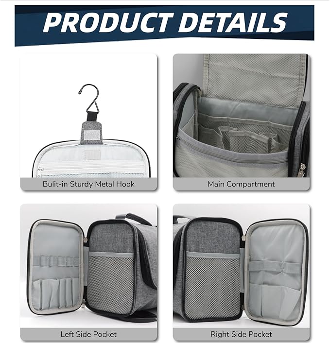 Buruis Hanging Toiletry Bag for Women and Men, Large Water-Resistant Makeup Organizer with Sturdy Hook, Lightweight Nylon Dopp Kit for Full-Sized Toiletries & Cosmetics, Oxford Gray