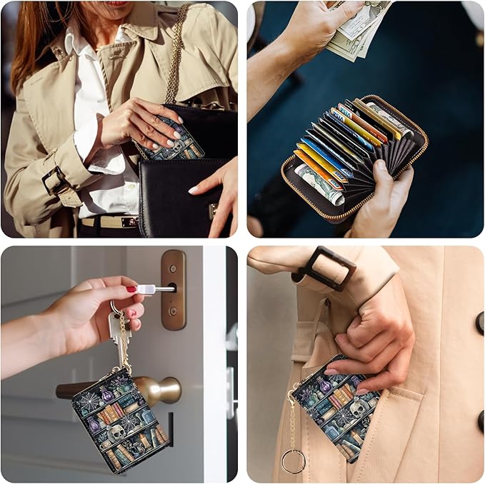 Credit Card Holder RFID Wallet, Small Card Holder Wallet for Women with Keychain Zipper, Funny Leather Print Credit Card Wallets Accordion Gift