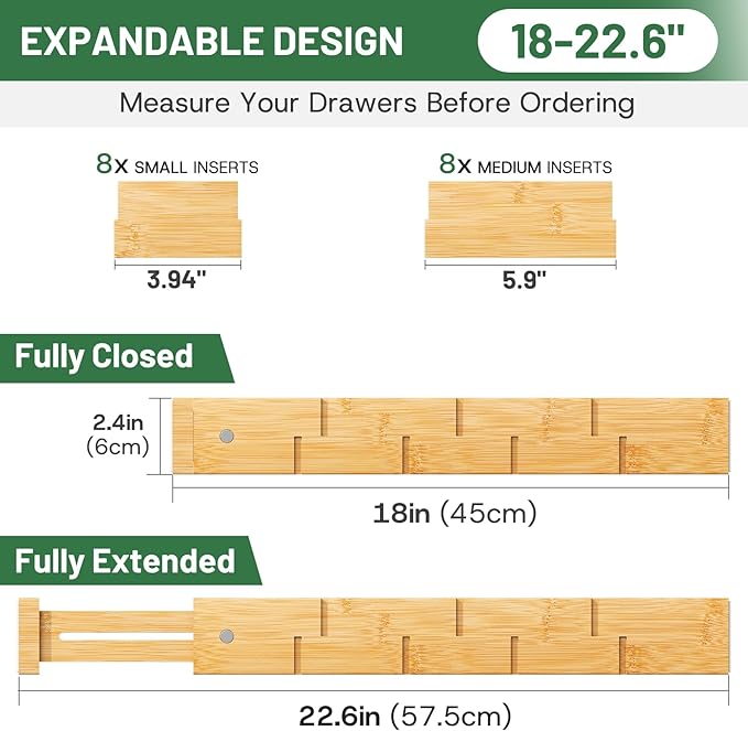 Bamboo Drawer Dividers - Adjustable Drawer Dividers for Clothes, Kitchen, Closet & Office - 8 Pack with Inserts, 18-22.6 Inches, Non-Slip Silicone Ends