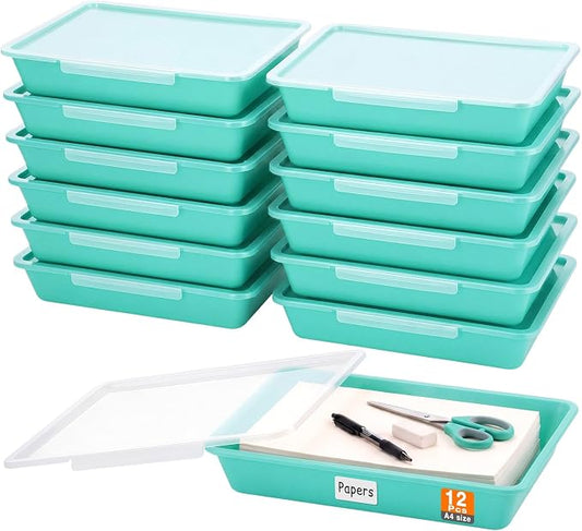 Tinlade 12 Pcs Classroom Paper Storage Bins with Clear Latching Lid, Label Stackable Letter Size Flat Tray Container for Teacher Back to School Supplies Home Office Desk Arts Crafts (Teal,13x10in)