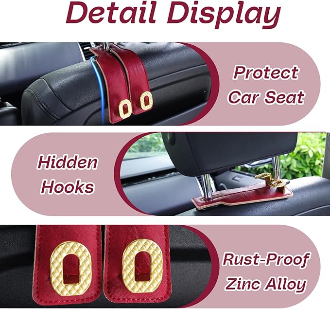 Car Headrest Hooks Universal Car Purse Twin Hook Premium Red Leather and Golden Alloy Seat Back Storage Hanger for Purse Bags Cloth Drink Durable Holder Automotive Accessories