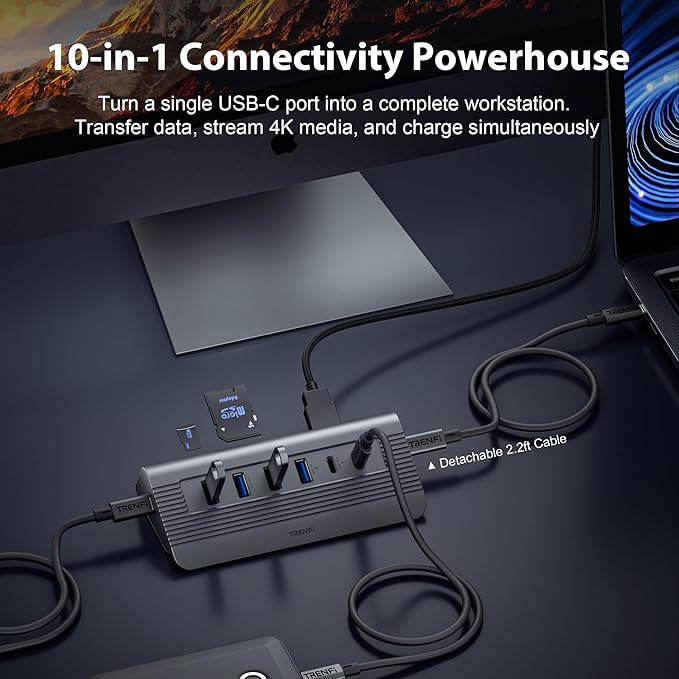 USB C Hub 10-in-1 Detachable Cable, USB 3.2 Gen2 10Gbps ??4K 60Hz HDMI, 100W PD, SD/Micro SD ??Docking Station for MacBook Pro/Air M1-M5, Windows Laptop, Mac mini, iPad Pro (Space Gray)