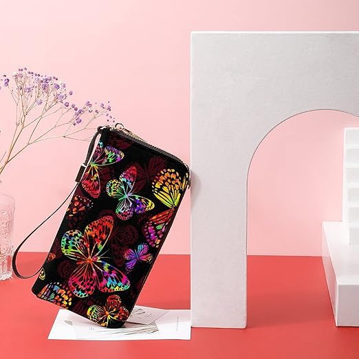 Unisex Zip Around Wallet for Adults Teens Beautiful Watercolor Colorful Butterflies Coin Pouch Cash Pocket PU Leather Wallets Card Holder Organizer Designer Purse with Wristlet Strap