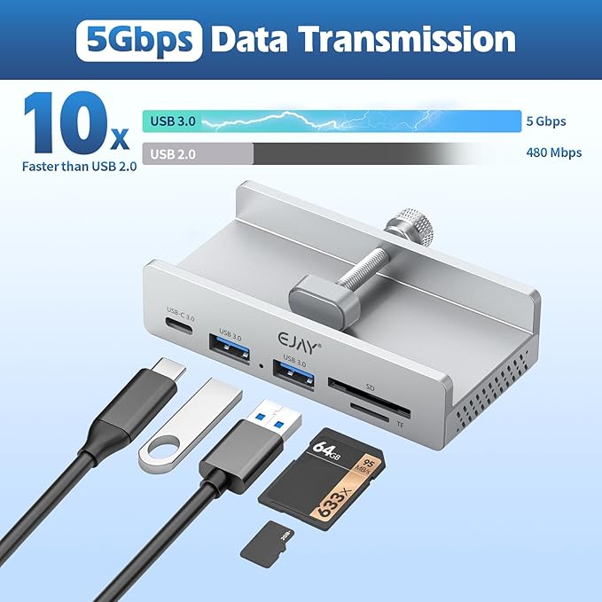 EJAY 5-in-1 Aluminum USB 3.0 Clamp Hub, Desk Edge Docking Station with SD/TF Card Reader, 5Gbps Port Expander with 59" Extra Long Cable for iMac, MacBook, Laptop, PC, Home Office, Silver