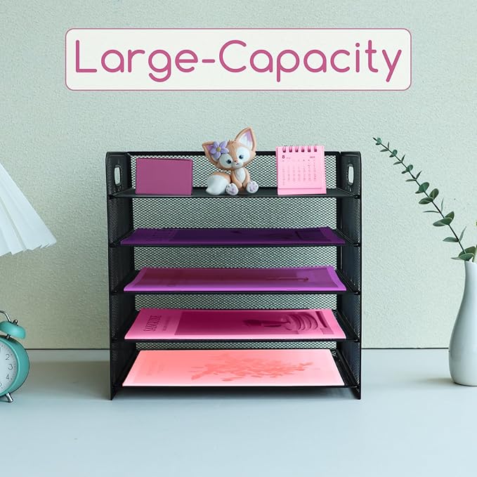 5 Tier Lettrer Tray Organizer with Handle, Metal Mesh Desk File Organizer with Sliding Trays, Paper Sorter Desk for Home Office School, Black