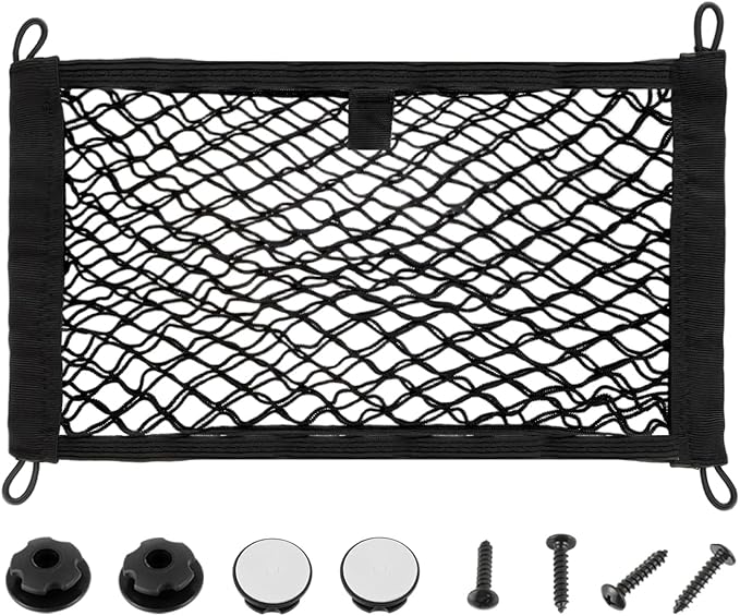 17.7'' x 9.8'' Universal Elastic Cargo Net Pocket with Screws & Hooks for Trunk RV Boats Home Cargo Storage – Keeps Items Secure & Organized(1 Pack)
