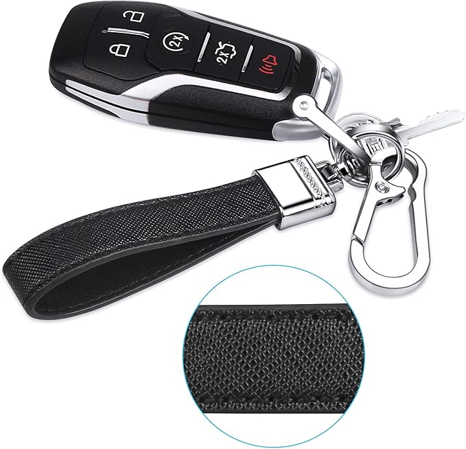 QBUC Genuine Leather Car Keychain,Universal Heavy Duty Metal Key Chain Accessories,Car Fob Key Keychain Holder with 360 Degree Rotatable Snap Swivel and Anti-Lost D-Ring for Men Women(Black)