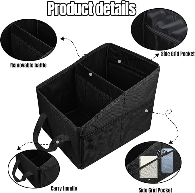 Hovom Car Organizer, Automotive Passenger Seat Organizer, Car Caddy with Multiple Compartments & Pockets, Collapsible Small Vehicle Storage Organizers for Front and Back Seat, Trunk, Floor (Black)
