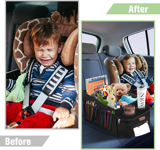 FUNNy elf Car Backseat Organizer for Cars, Collapsible Front Seat Organizer with 4 Cup Holders, Storage Pockets & Dividers, Passenger Seat Organizer for SUV, Truck, Sedan