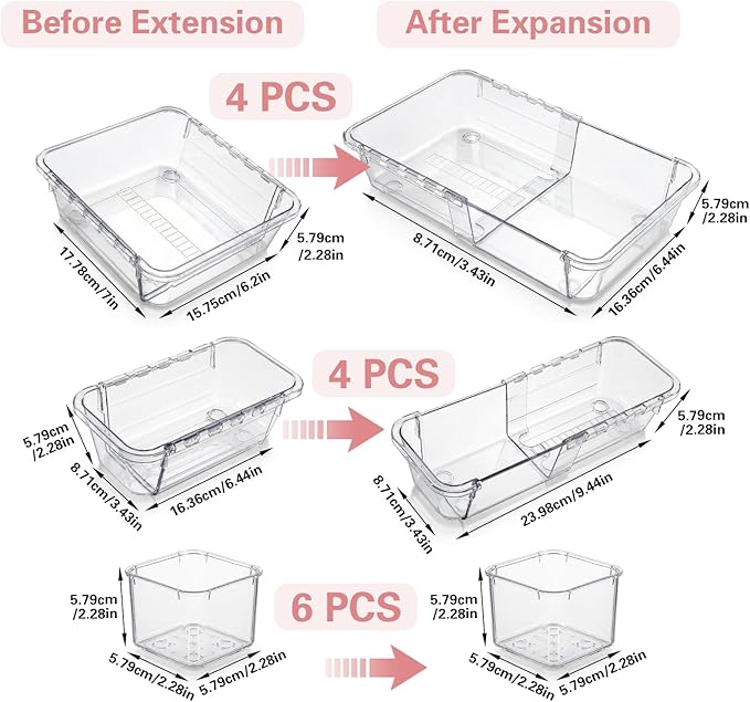 14 Pcs Clear Drawer Organizer - 3 Sizes, Adjustable Drawer Storage Box, Desk Drawer Organizer, Acrylic Storage Bins for Makeup, Cosmetic, Kitchen Utensils, Bedroom Dressers Tool Organizer for Gadgets