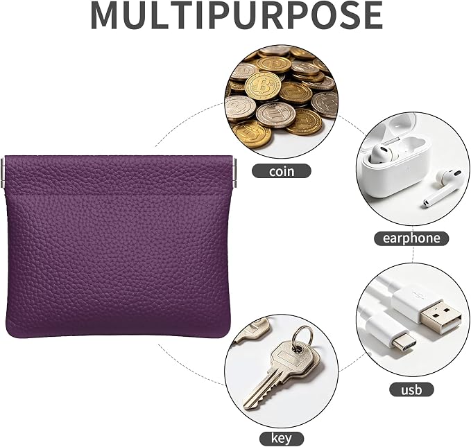 Genuine Leather Squeeze Coin Purse Pouch Change Holder For Men & Women Mini Change Purse Pouch for Pocket, Small Pouch Credit Card Key Headset Lipstick Holder (Purple)