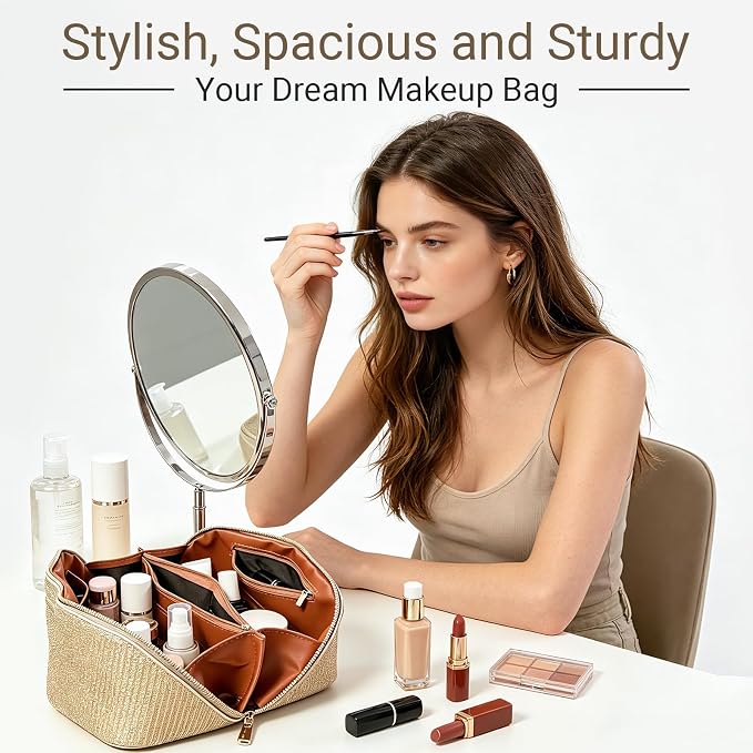 Travel Makeup Bag with Compartments & Organizers – Flat Open Cosmetic Pouch for Women, Purse-Style Design for Traveling, Perfect for Toiletries & Cosmetics(Gold)