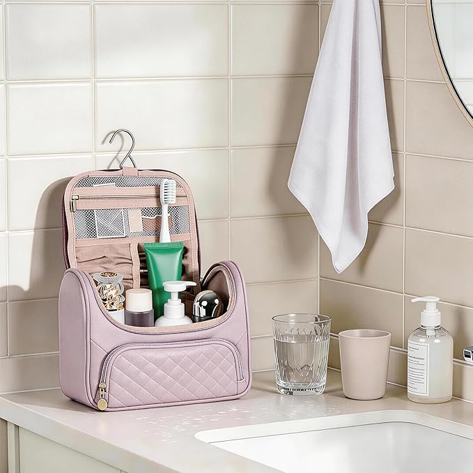 Greenfeather Cosmetic Bags for Women，Hanging Toiletry Bag with Makeup Brush Womens Travel Toiletry Bag for Women Essentials Travel Organizer for Full Sized Cosmetics and Toiletries Purple