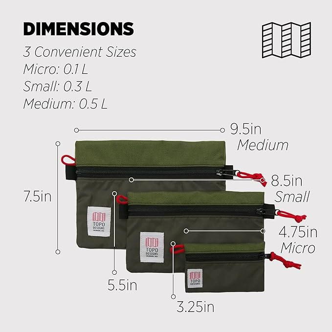 Topo Designs Accessory Bags, Travel Organizer Accessories for Smaller Items, Durable Storage Pouch, 3 Sizes, Fully Lined Pack Cloth (Small, Olive/Olive)