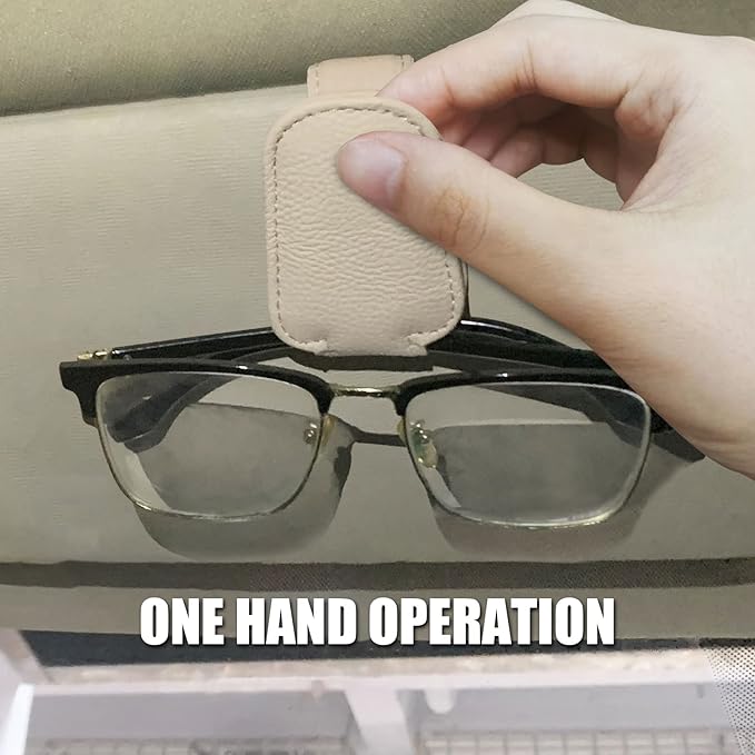 2 Pack Leather Car Visor Sunglass Holder, Magnetic Leather Glasses Eyeglass Hanger Clip for Car, Sunglass Clip Glasses Holder for Car Visor（Beige）