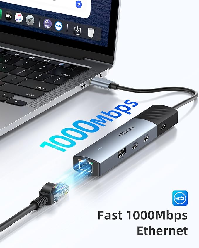 MOKiN 10Gbps USB C Hub Ethernet, 7 in 1 USB C Adapter for MacBook Pro/Air with 4K@60HZ HDMI, 3*USB-C 10Gbps Data, RJ45, USB 2.0, 100W PD, USB C Dongle for MacBook Pro/Air/Dell/HP/Thinkpad/Lenovo.